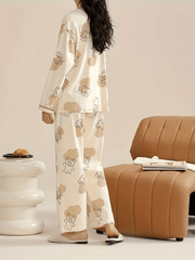 Bear Print Pajama Set Long Sleeve V Neck Buttons Top & Pants