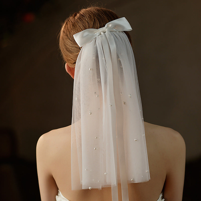 Vintage Double Layer Bridal Veil with Pearl Accents Short Length Yarn Material