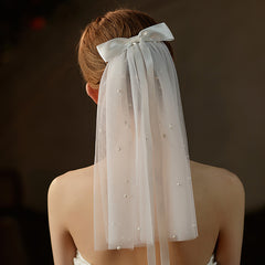 Vintage Double Layer Bridal Veil with Pearl Accents Short Length Yarn Material