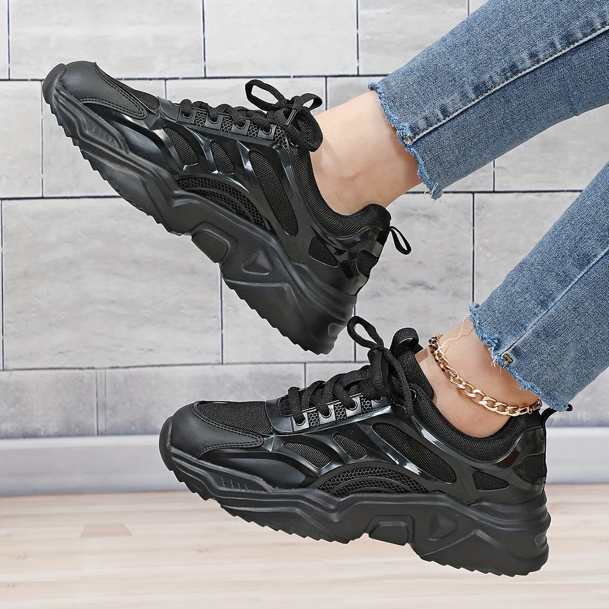 Faux Leather Chunky Sneakers Wear Resistant Shock Absorption Running Shoes