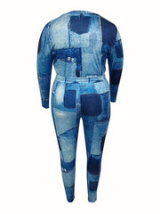 Denim Print Long Sleeve Crop Top & Leggings Set