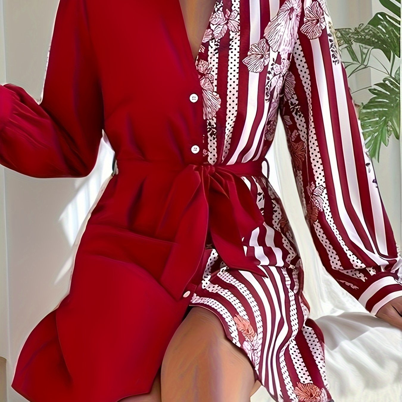 Women's Long Sleeve Button Up Dress With Belt