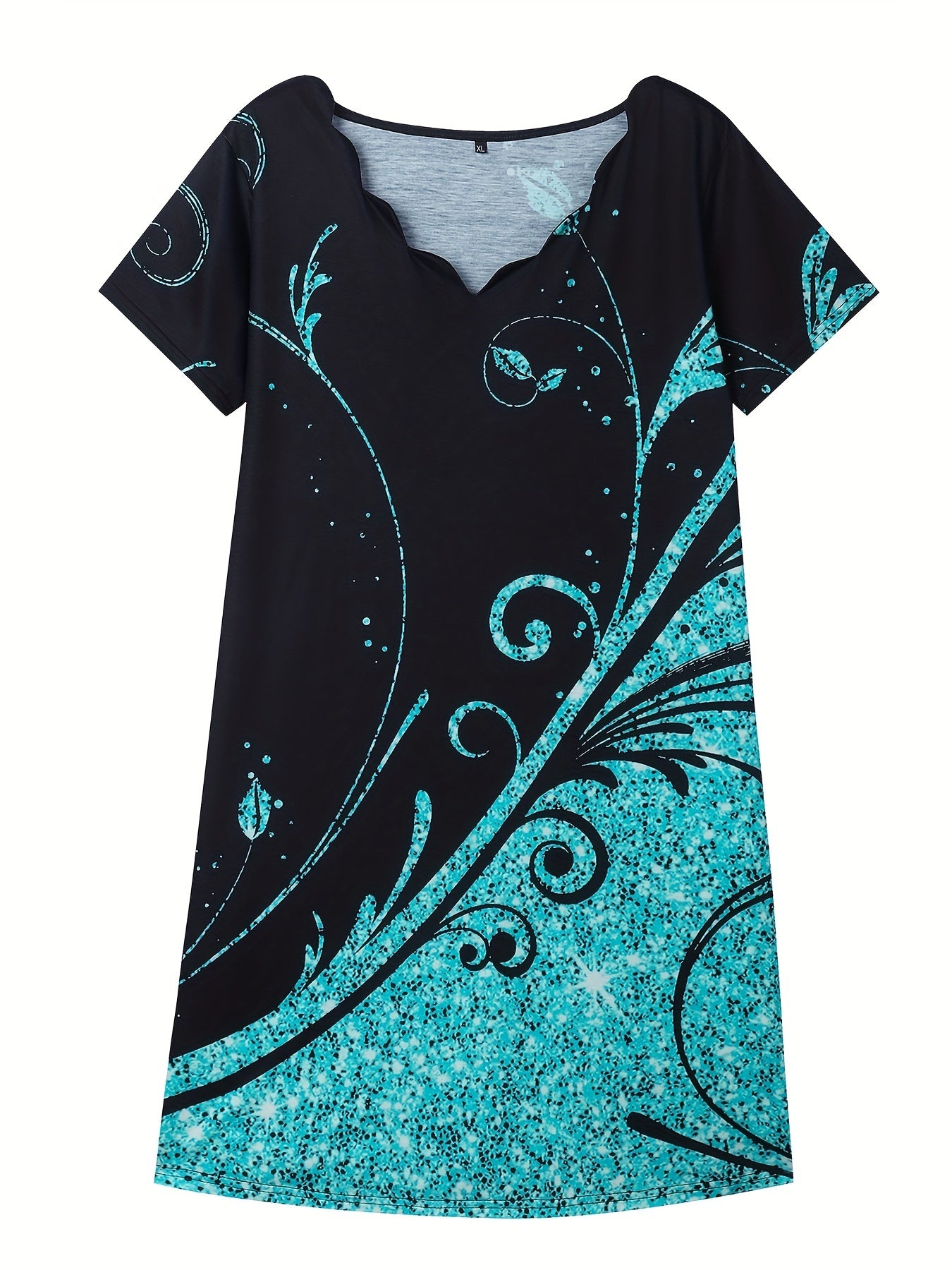 Plus Glitter Baroque Print V Neck Scallop Trim Dress