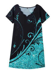 Plus Glitter Baroque Print V Neck Scallop Trim Dress