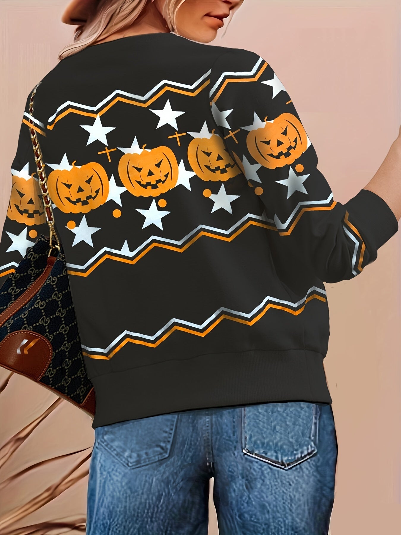Halloween Pumpkin Print Pullover Sweatshirt for Women