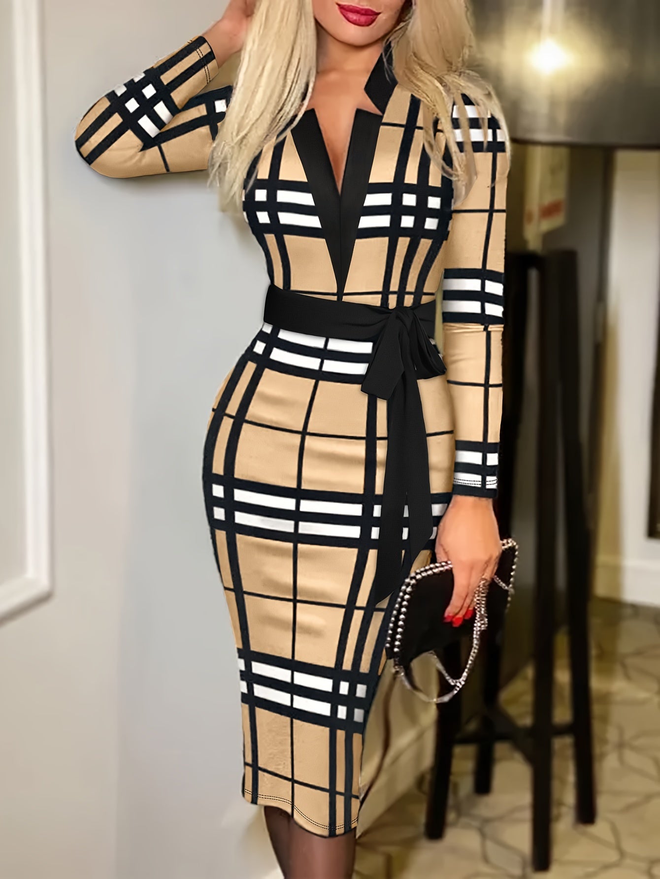 Women's Plus Plaid Print V Neck Slim Fit Belted Dress