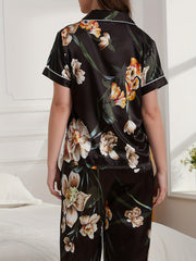 Floral Satin Pajama Set Short Sleeve Top & Pants