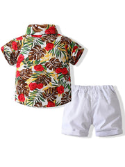 Boys Flower And Leaf Print Casual Outfit Set
