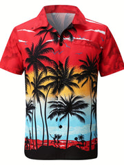 Coconut Tree Print Hawaiian Shirt Men's Casual Short Sleeve Top