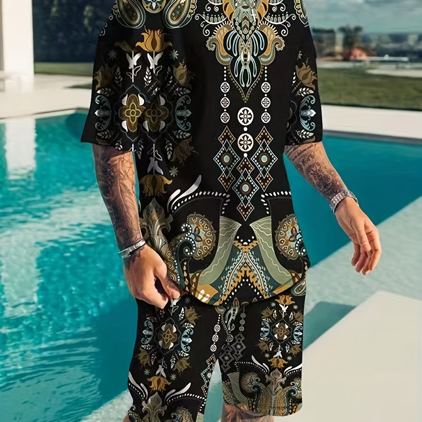 Men's Floral Totem Graphic T-shirt & Active Stretch Shorts Set