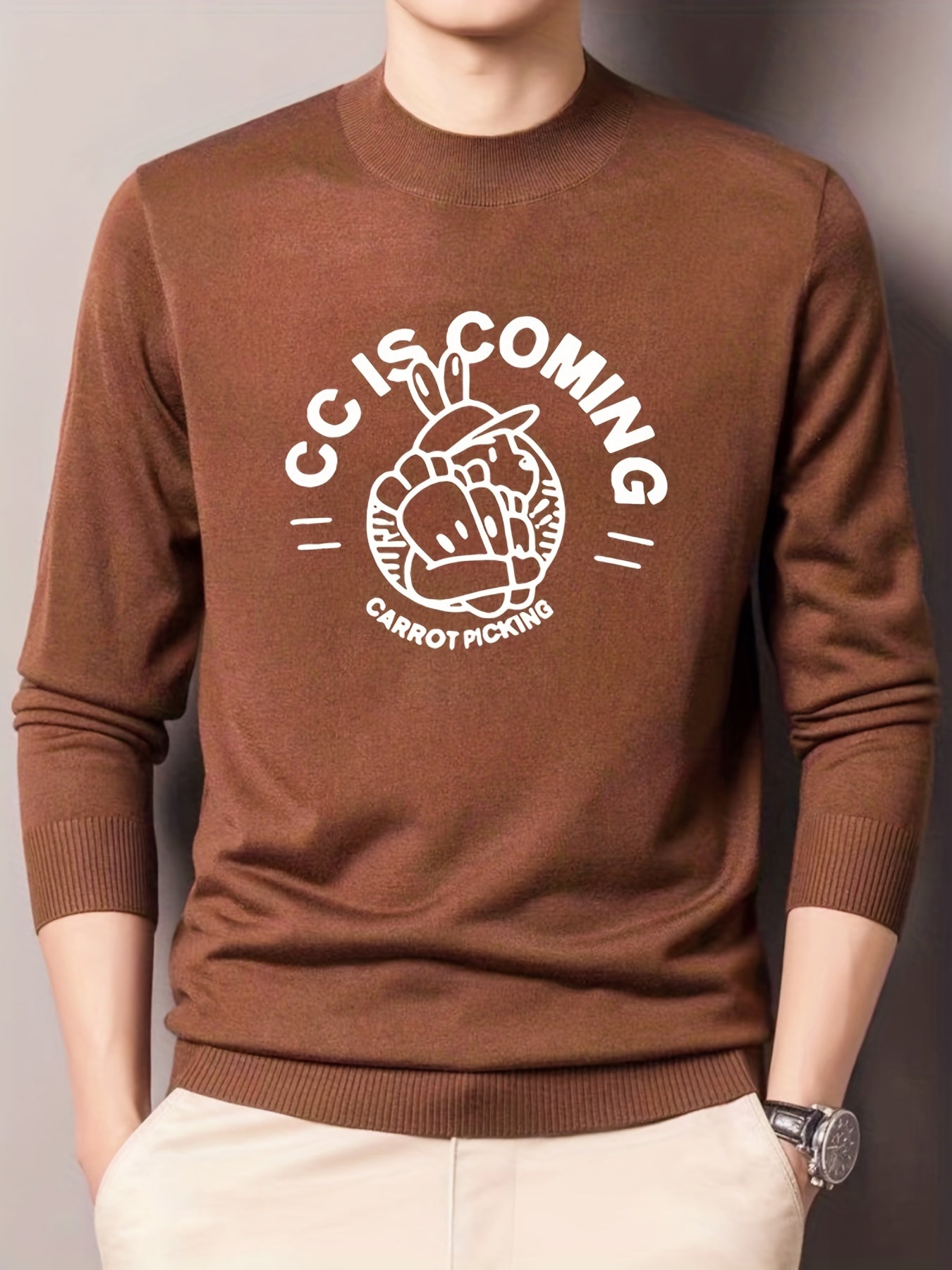 Cartoon Rabbit Print Knit Sweater Men's Crew Neck Pullover