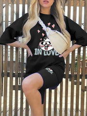 Plus Size Rabbit Print Tee & Biker Shorts Set Plus Stretch 2pcs Outfits