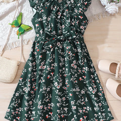 Girls Flower Print Dress with Waist Band - Summer Clothes