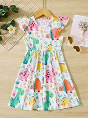 Girls' Cactus & Dino Allover Dress - Comfy Casual Party Vacation Dress