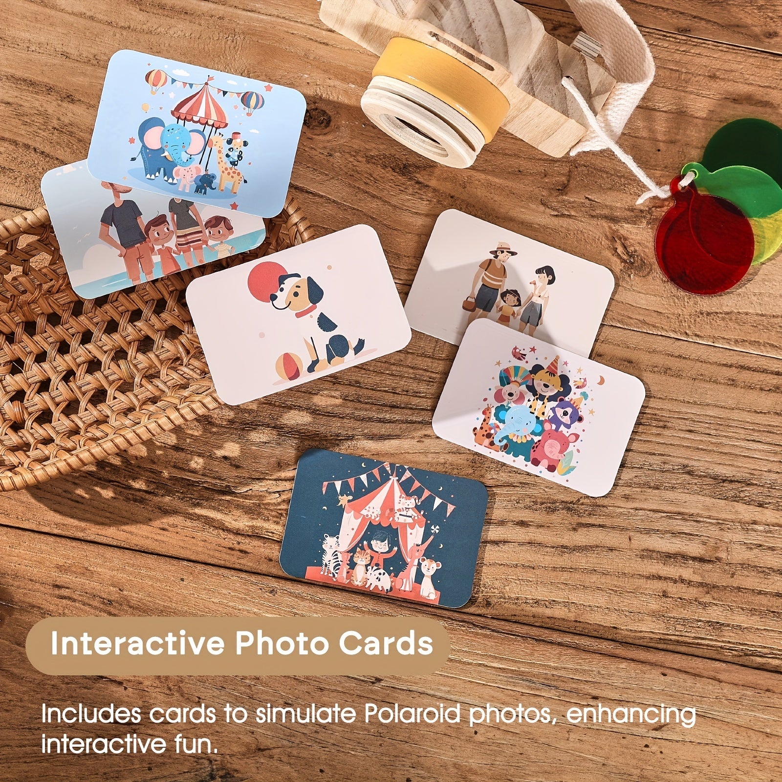 Wooden Cartoon Camera Toy for Kids with Strap and Cards