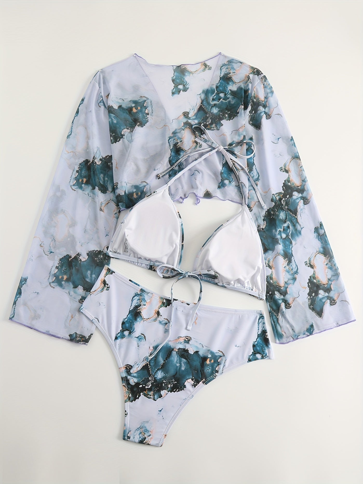 Tie Dye Halter Neck Bikini Set & Cover Up - 3pc Set