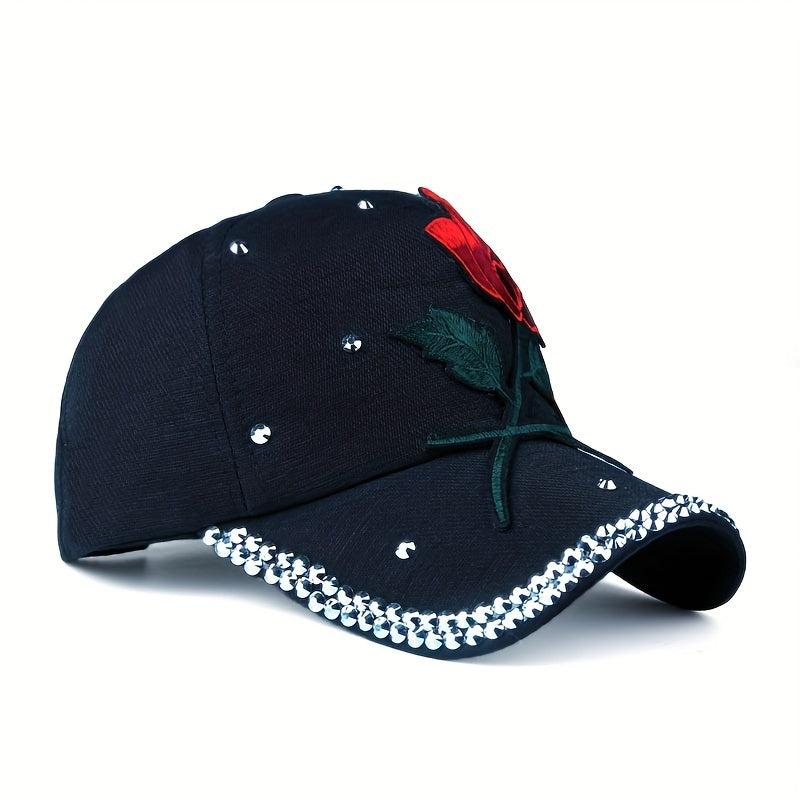 Red Rose Patch Baseball Cap Rhinestone Decor Y2K Sports Hat