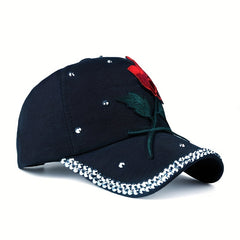 Red Rose Patch Baseball Cap Rhinestone Decor Y2K Sports Hat