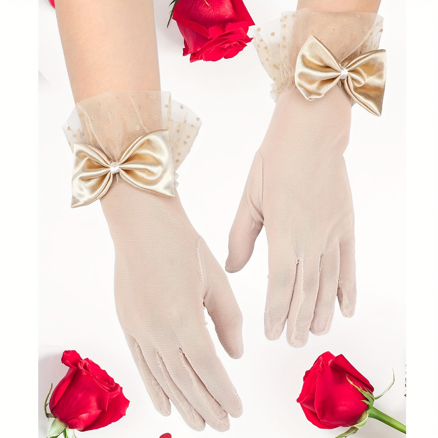 Women's Lace Gloves with Bow Detail Sheer Short Mitten for Formal Events