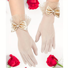 Women's Lace Gloves with Bow Detail Sheer Short Mitten for Formal Events