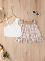 2pcs Girl Asymmetrical Neck Top And Floral Print Skirt Set Clothes