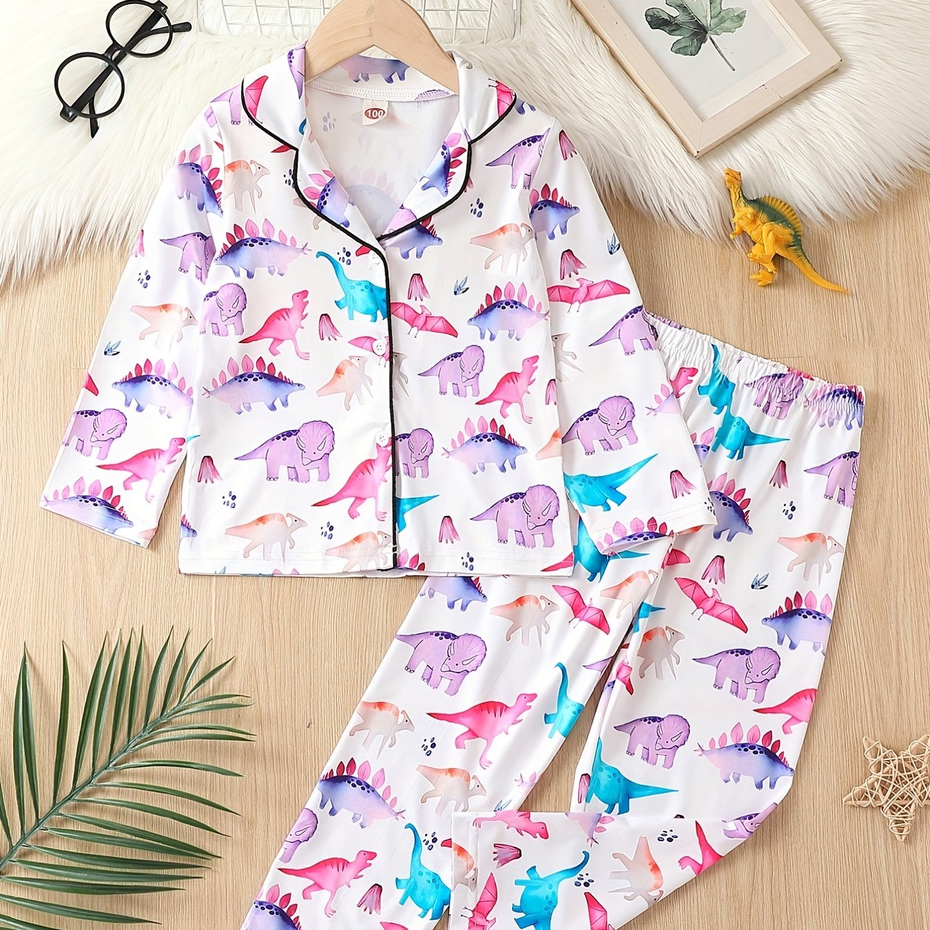 Girl's Dino Print Pajama Set Button Front Top & Elastic Pants