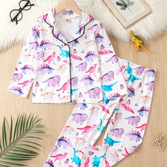 Girl's Dino Print Pajama Set Button Front Top & Elastic Pants