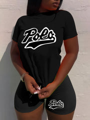 Letter Print Tee & Biker Shorts Set Women's High Stretch 2pcs Outfit