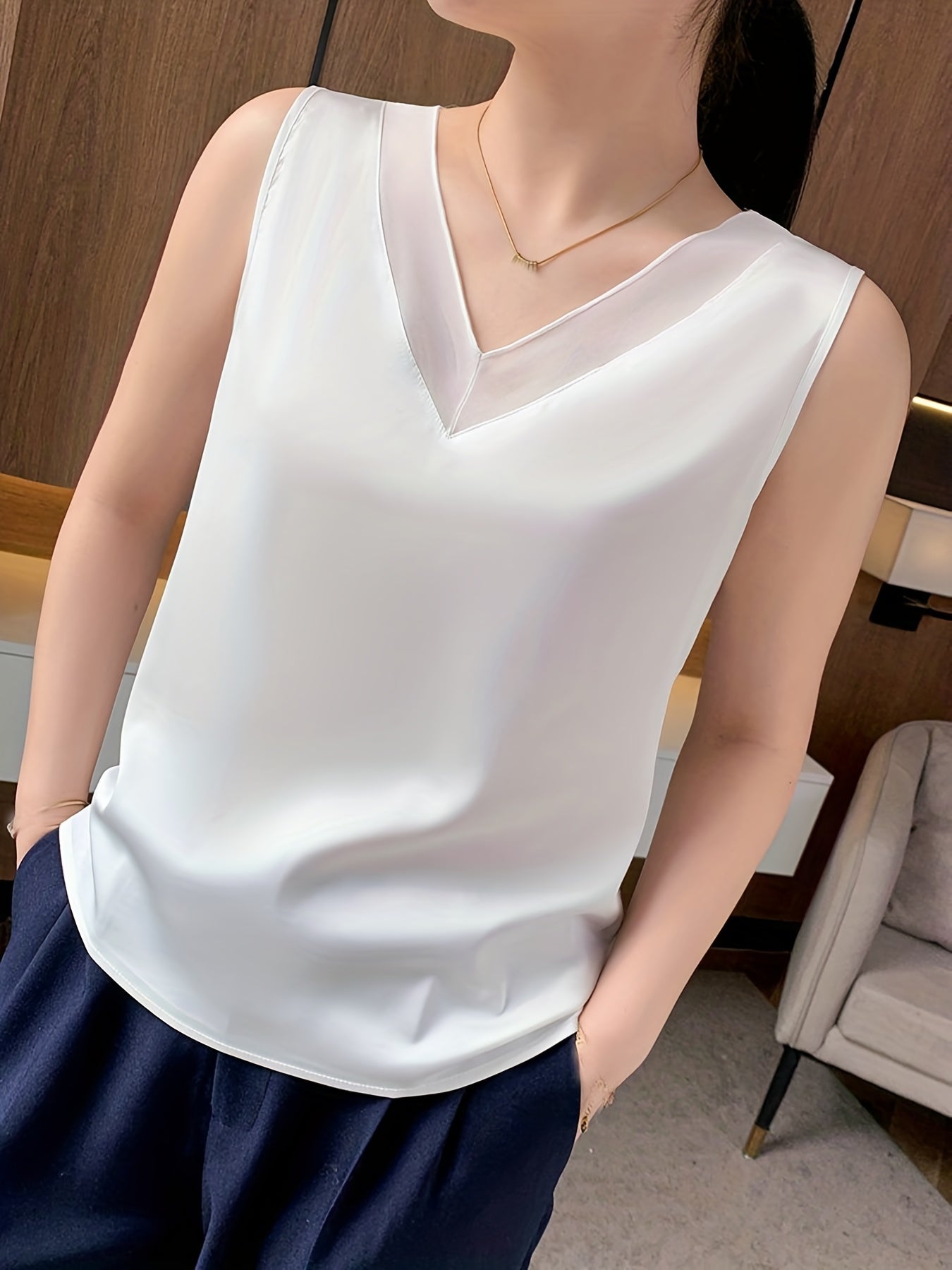 Mesh Contrast V Neck Tank Top for Summer