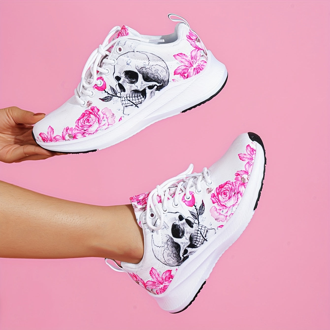 Skull & Rose Pattern Lightweight Sneakers