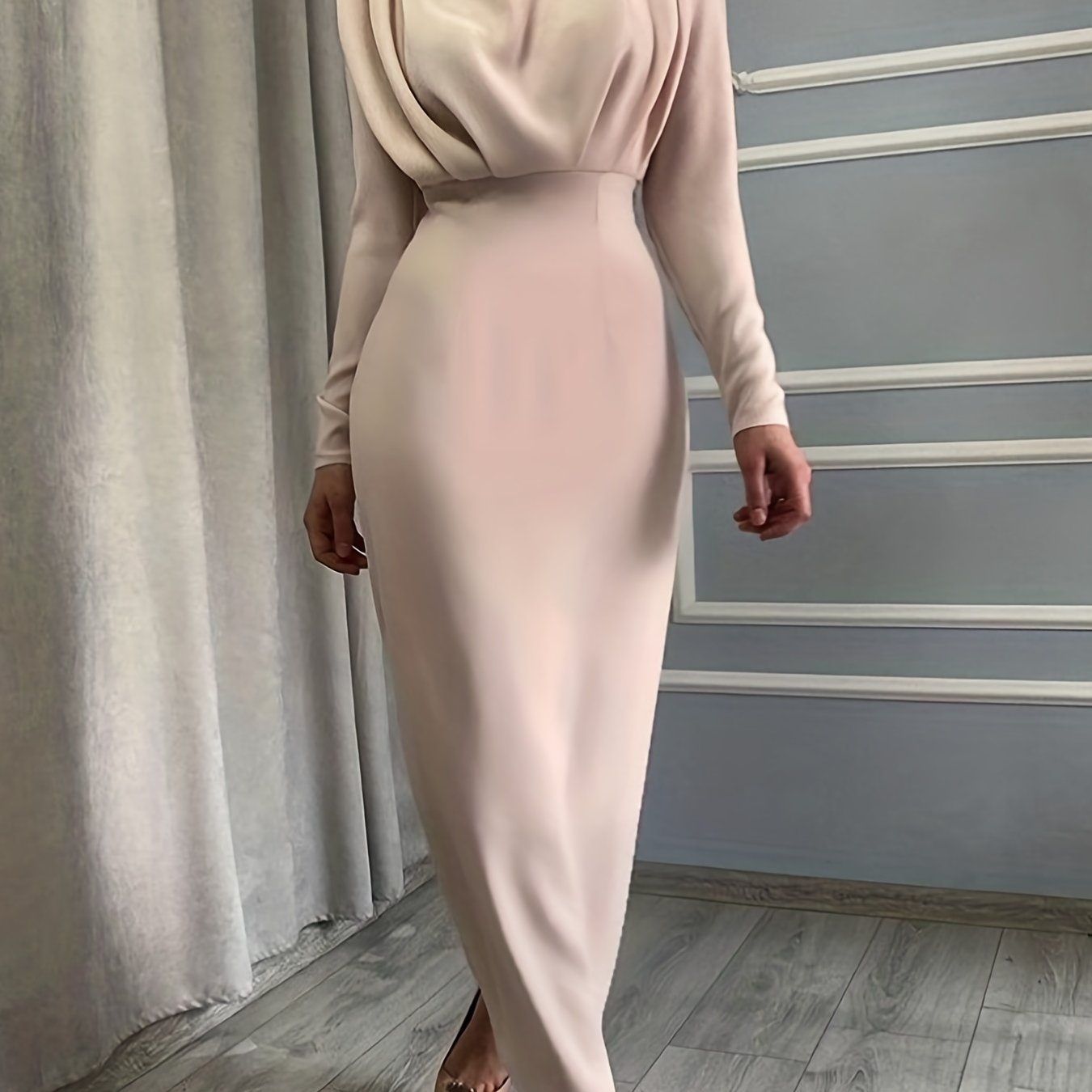Ruched Long Sleeve Slim Waist Dress Women's Clothing