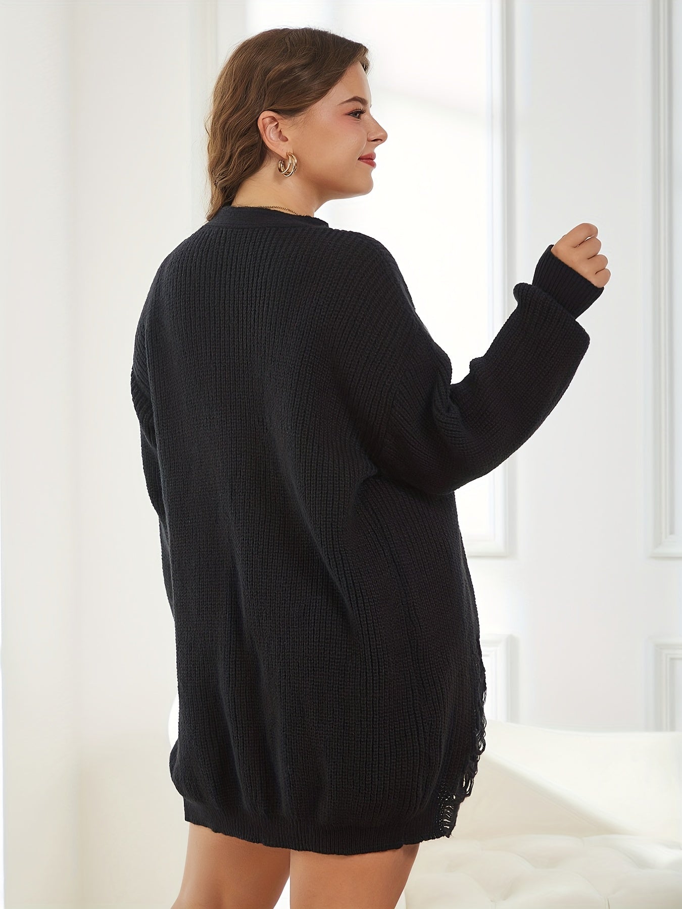 Casual Cardigan Lantern Sleeve Ripped Stretch Cardigan