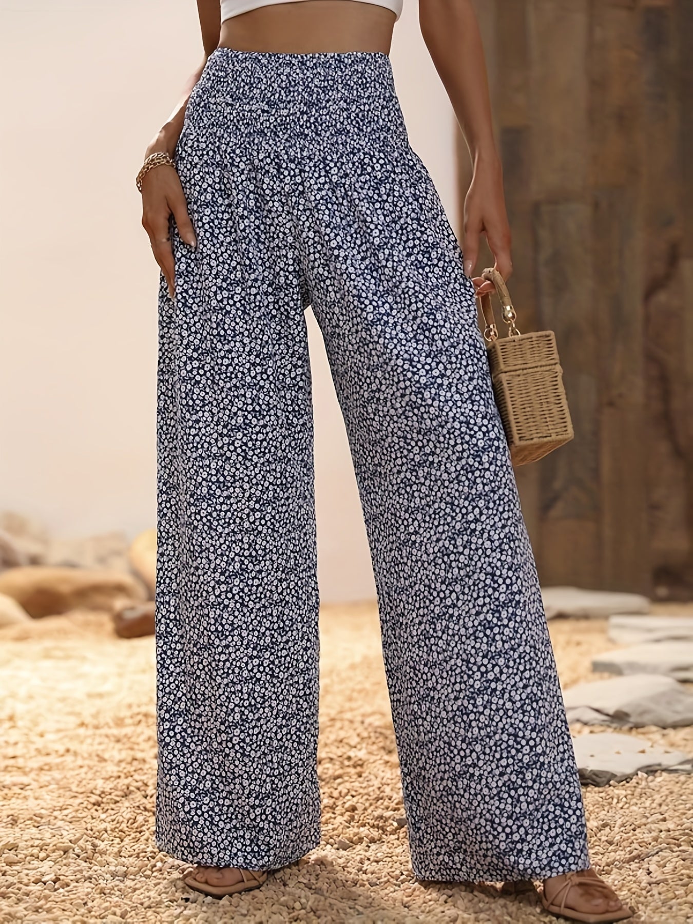 Floral Print Shirred Pants Wide Leg High Waist