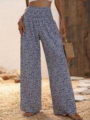 Floral Print Shirred Pants Wide Leg High Waist