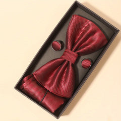 Men's Solid Bow Tie Set Pocket Square Cufflinks Formal Business Wedding