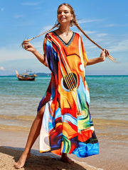 Colorful Abstract Art V Neck Cover Up Dress Kaftan
