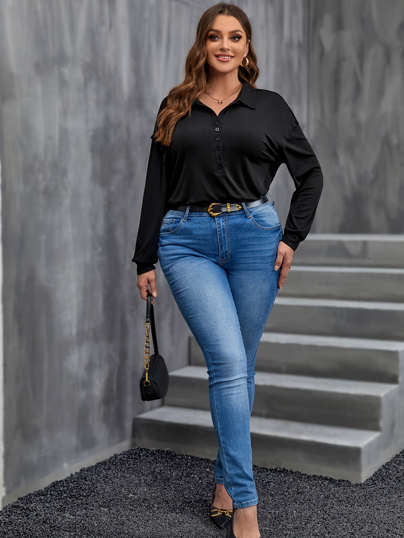 Casual Blouse Women's Plus Solid Long Sleeve Polo Neck Blouse