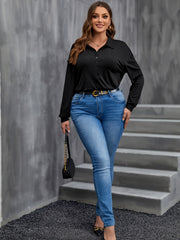 Casual Blouse Women's Plus Solid Long Sleeve Polo Neck Blouse