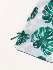 Girls Tropical Leaves Print Bikini Set with Cover Up
