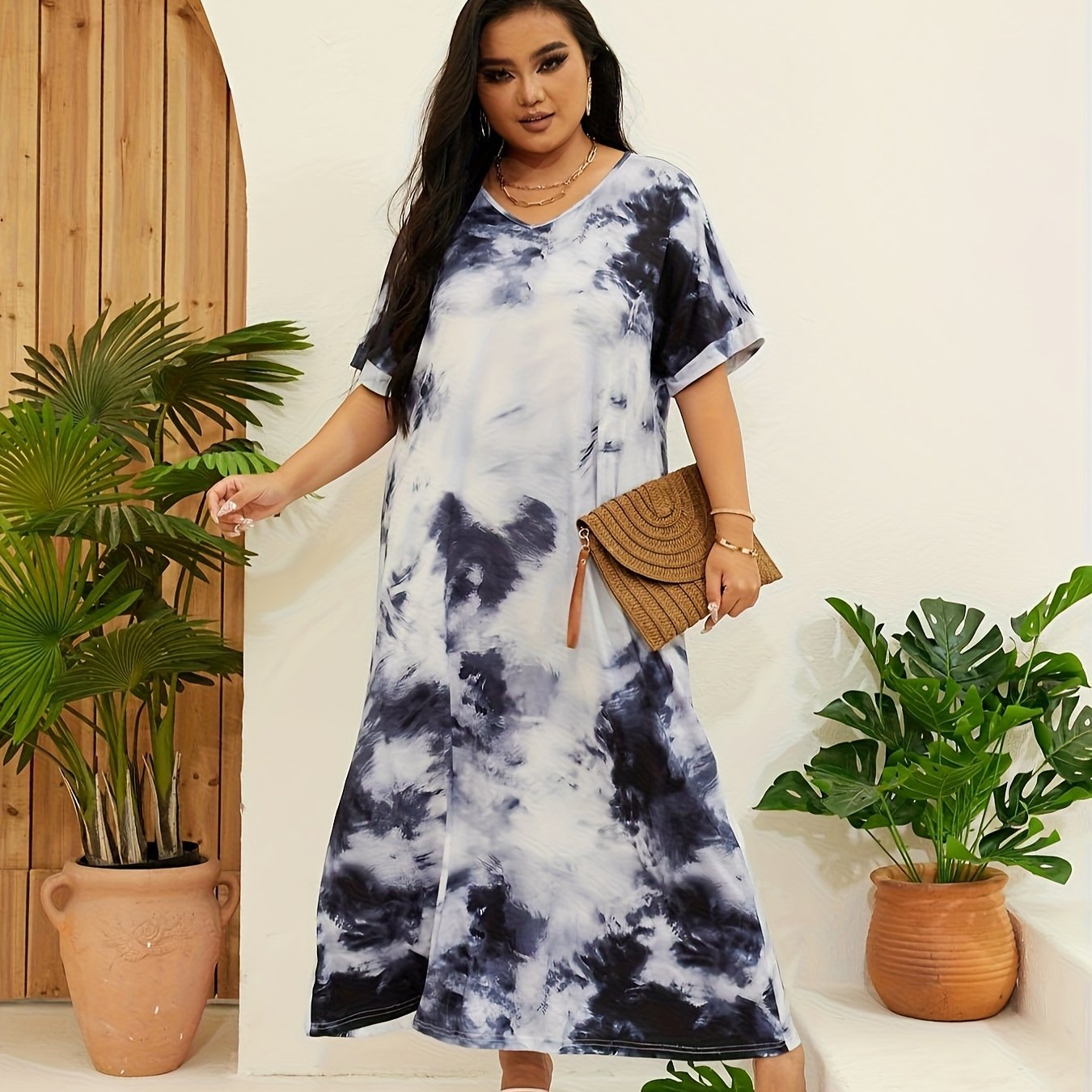 Tie Dye Short Sleeve Nightdress V Neck Loose Sleep Dress