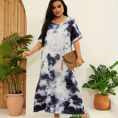 Tie Dye Short Sleeve Nightdress V Neck Loose Sleep Dress