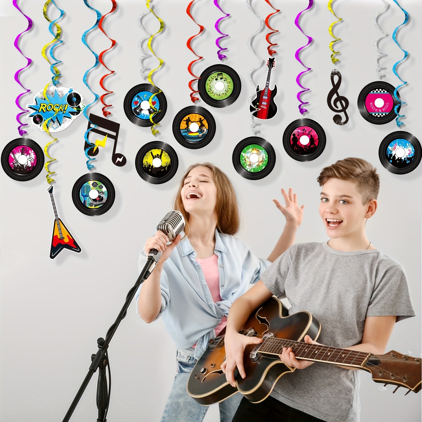 Rock & Roll Hanging Swirls & Record Cutouts for Music Party Decorations