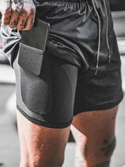 Men's Double Layer Shorts Inner Pocket Stretch Sports Gym Workout Training