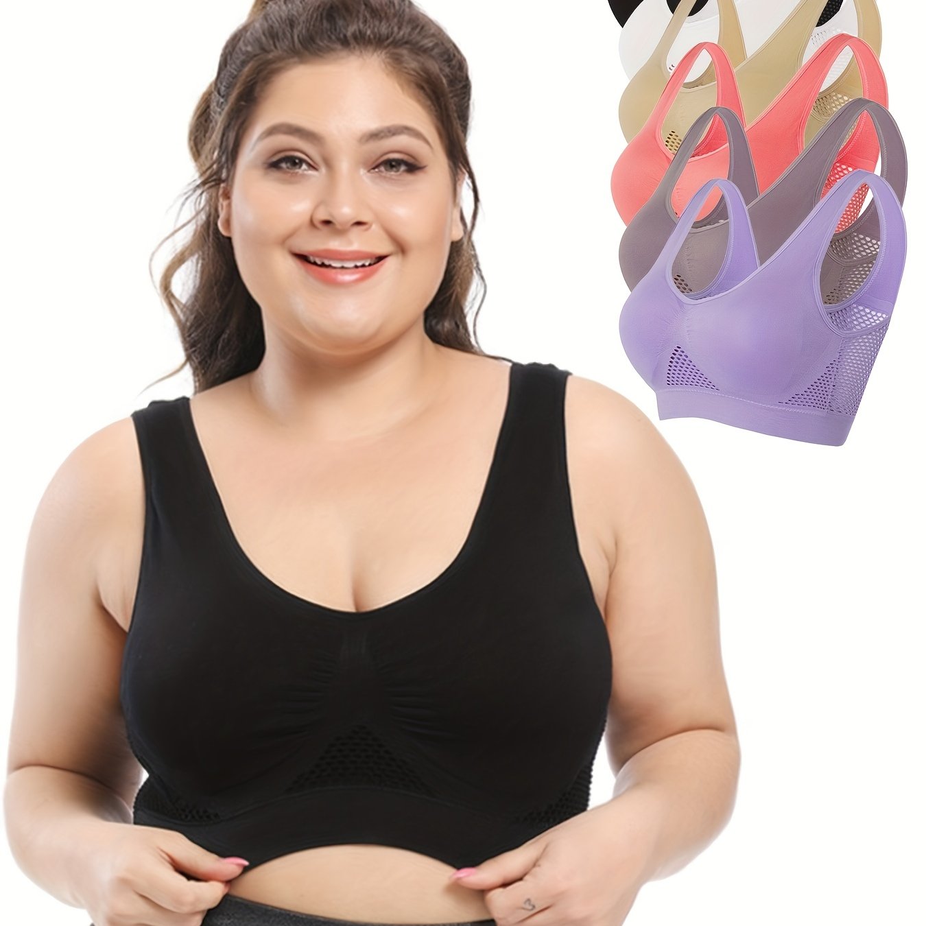6 Pack Plus Size Seamless Wireless Bra Set High Stretch Hollow Mesh Lingerie
