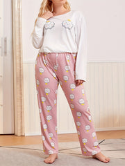 Cloud Print Pajama Set Round Neck Tee & Pants Lounge Two Piece