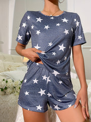 Star Print Pajamas Set Short Sleeve Crew Neck Top & Shorts Women's Sleepwear