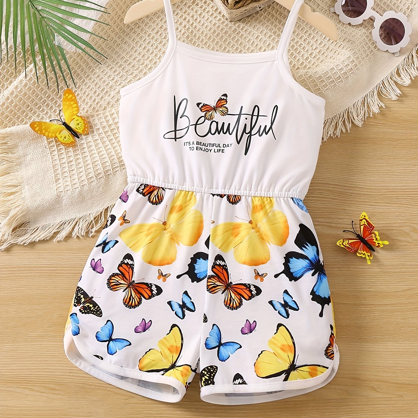 Toddler Girls Butterfly & Letter Graphic Cami Romper Jumpsuit