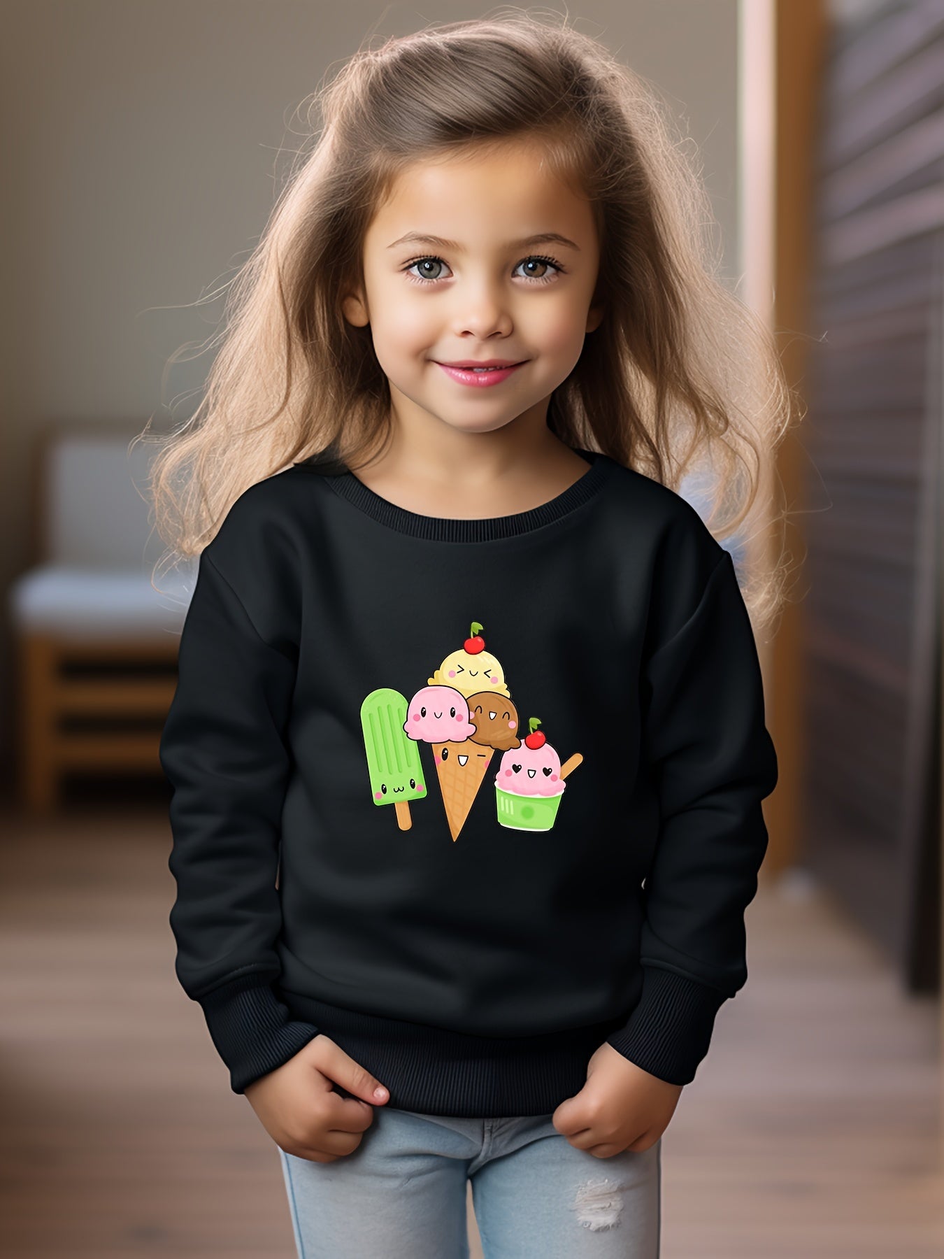Girls Ice Creams Pattern Crew Neck Sweatshirt For Spring Fall Christmas Gift