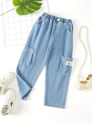Girls Smile Tag Casual Baggy Jeans with Elastic Waist