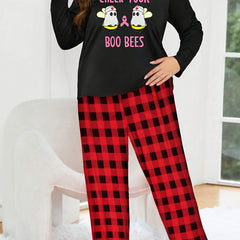 Cartoon Bees & Letter Print Pajama Set Long Sleeve Top & Plaid Pants